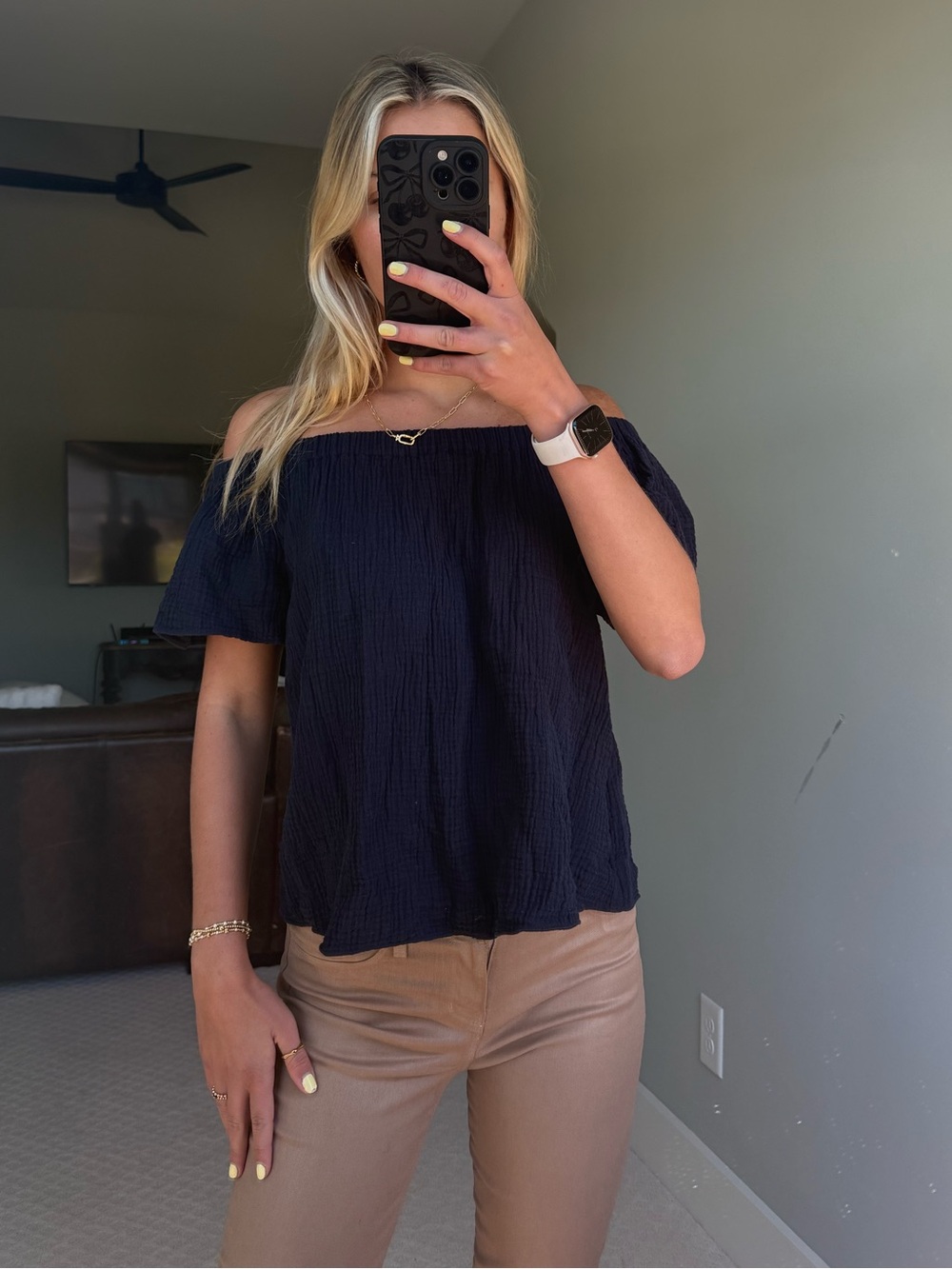 Rebecca Taylor Navy Off-Shoulder Flutter Sleeve Top